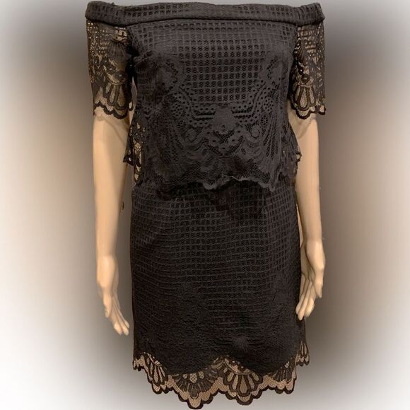TOPSHOP black lace lined off shoulder mini dress Sz 6 - Picture 1 of 9